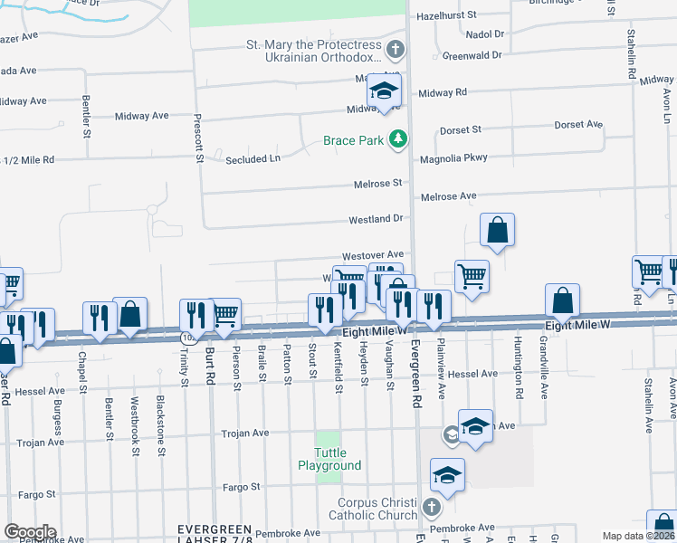 map of restaurants, bars, coffee shops, grocery stores, and more near 20313 Westhampton Avenue in Southfield