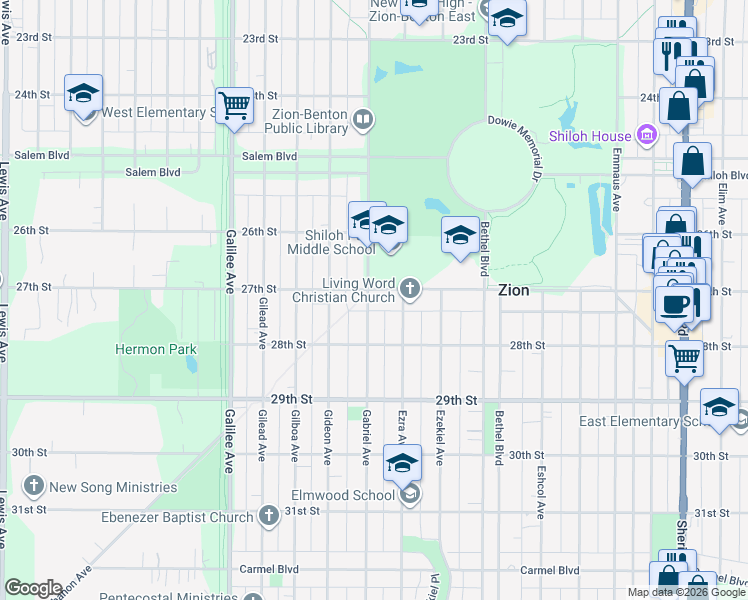map of restaurants, bars, coffee shops, grocery stores, and more near 1911 27th Street in Zion