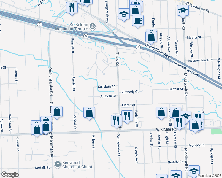 map of restaurants, bars, coffee shops, grocery stores, and more near 30530 Ambeth Street in Farmington Hills