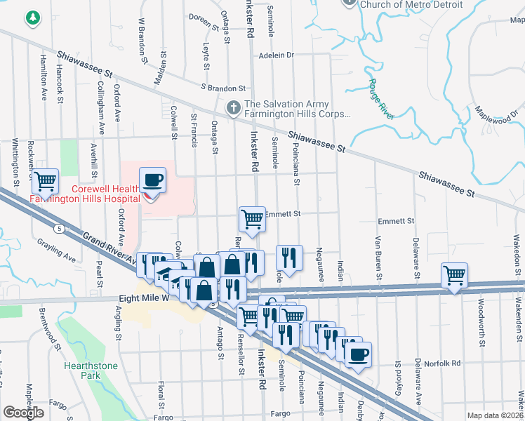 map of restaurants, bars, coffee shops, grocery stores, and more near 21023 Seminole in Southfield