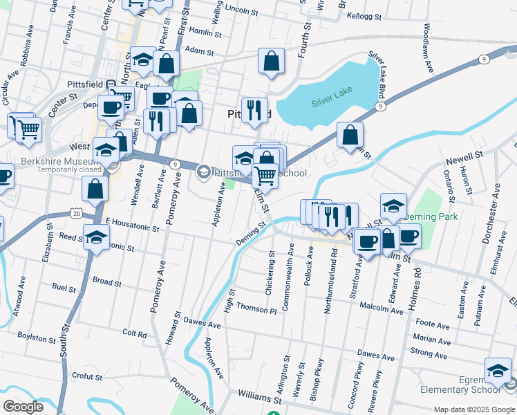 map of restaurants, bars, coffee shops, grocery stores, and more near 37 Gordon Street in Pittsfield