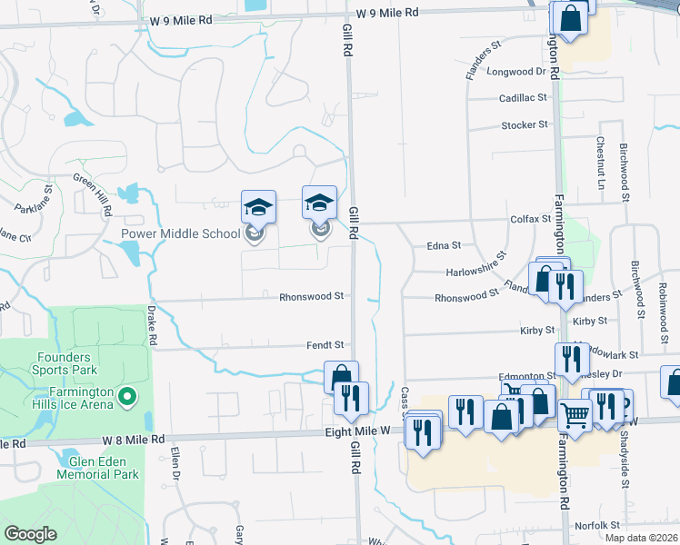map of restaurants, bars, coffee shops, grocery stores, and more near 34478 Rhonswood Street in Farmington Hills