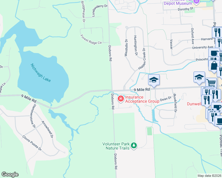 map of restaurants, bars, coffee shops, grocery stores, and more near 22390 Dixboro Road in South Lyon