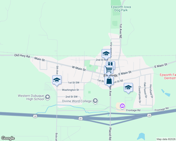 map of restaurants, bars, coffee shops, grocery stores, and more near 310 West Main Street in Epworth
