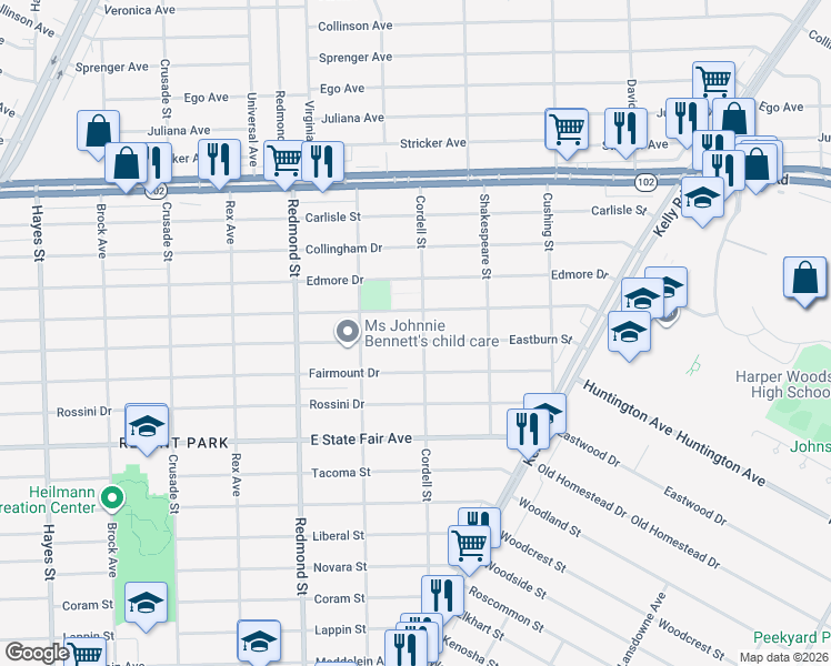 map of restaurants, bars, coffee shops, grocery stores, and more near 16298 Eastburn Street in Detroit