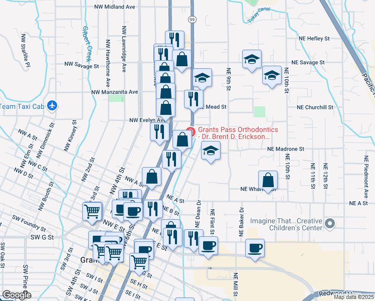 map of restaurants, bars, coffee shops, grocery stores, and more near 231 Northeast School Street in Grants Pass