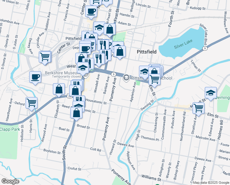map of restaurants, bars, coffee shops, grocery stores, and more near 30 Weston Street in Pittsfield