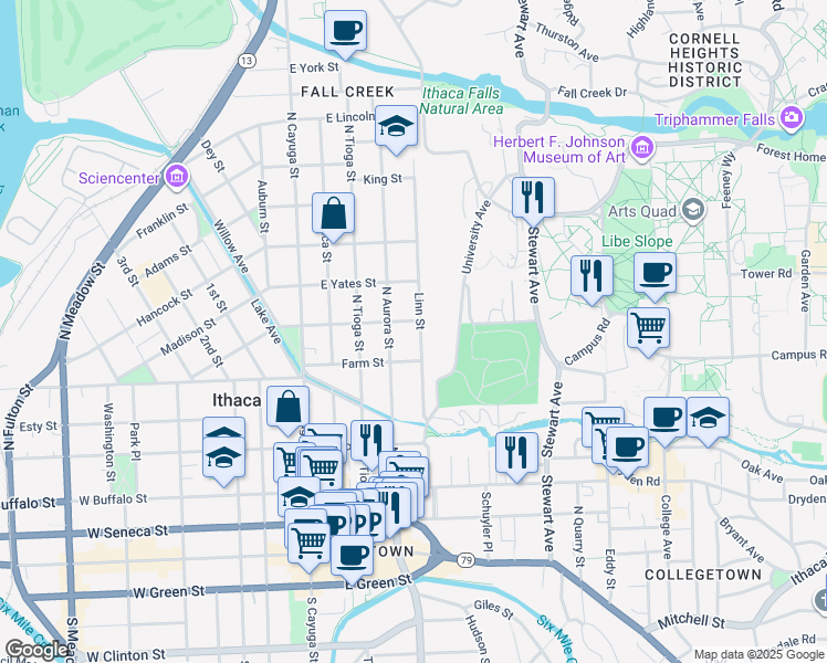 map of restaurants, bars, coffee shops, grocery stores, and more near in Ithaca