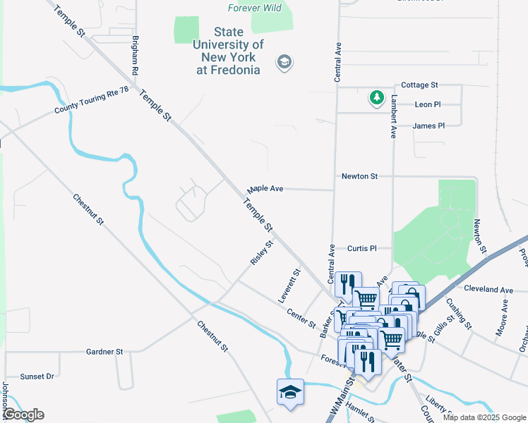 map of restaurants, bars, coffee shops, grocery stores, and more near 171 Temple Street in Fredonia