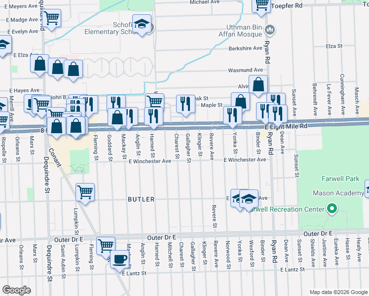 map of restaurants, bars, coffee shops, grocery stores, and more near 20418 Charest Street in Detroit
