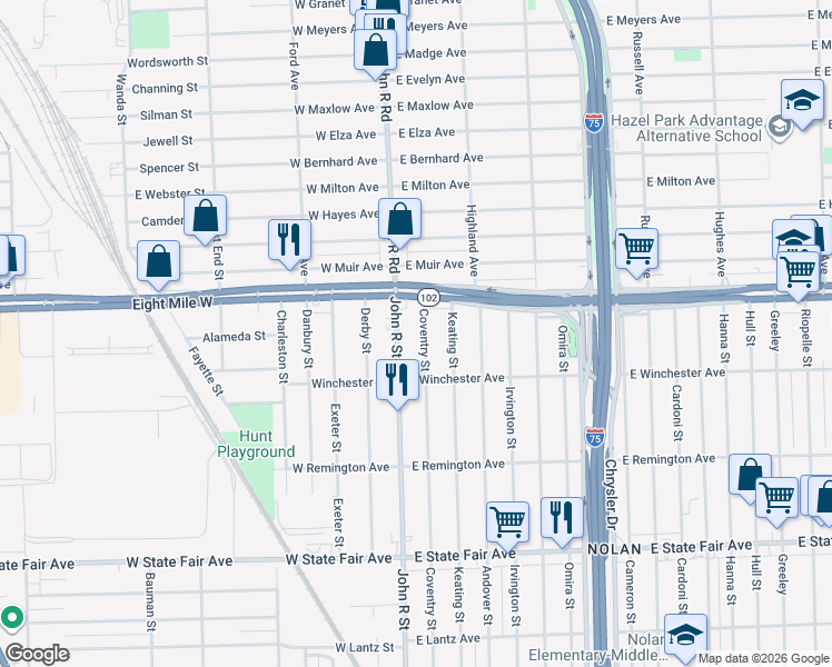 map of restaurants, bars, coffee shops, grocery stores, and more near 20458 Coventry Street in Highland Park