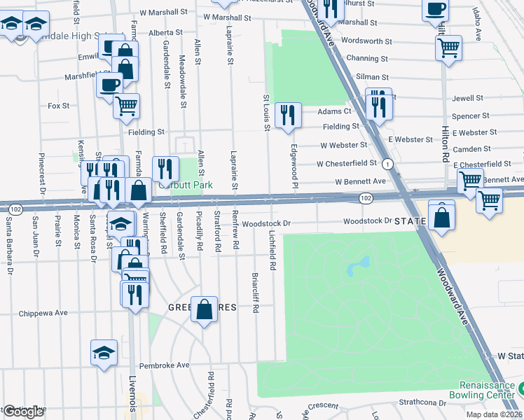 map of restaurants, bars, coffee shops, grocery stores, and more near 3214 Woodstock Drive in Detroit