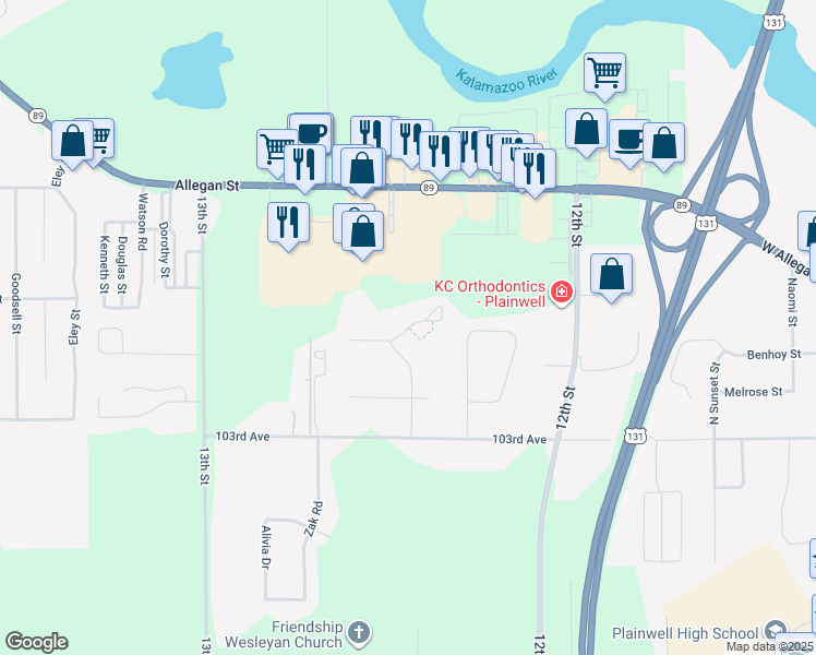 map of restaurants, bars, coffee shops, grocery stores, and more near 535 Cross Oaks Drive in Plainwell