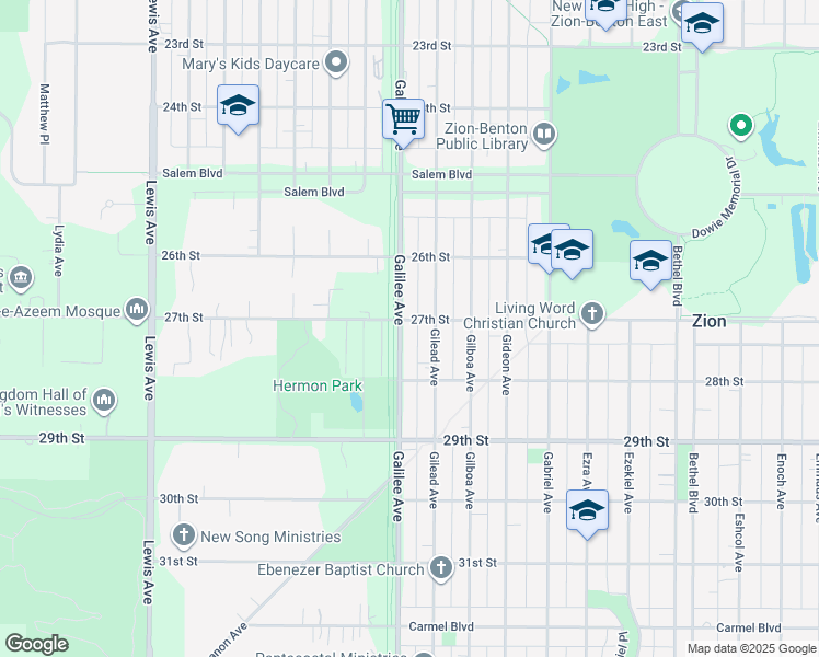 map of restaurants, bars, coffee shops, grocery stores, and more near 2753 Galilee Avenue in Zion