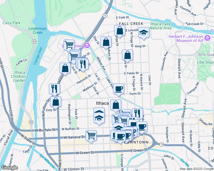 map of restaurants, bars, coffee shops, grocery stores, and more near 115 Monroe Street in Ithaca