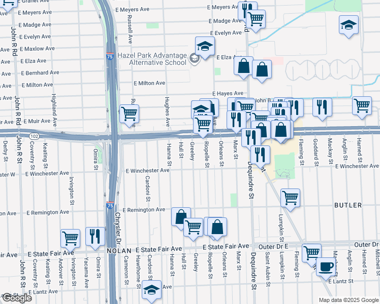 map of restaurants, bars, coffee shops, grocery stores, and more near 20444 Greeley Street in Highland Park