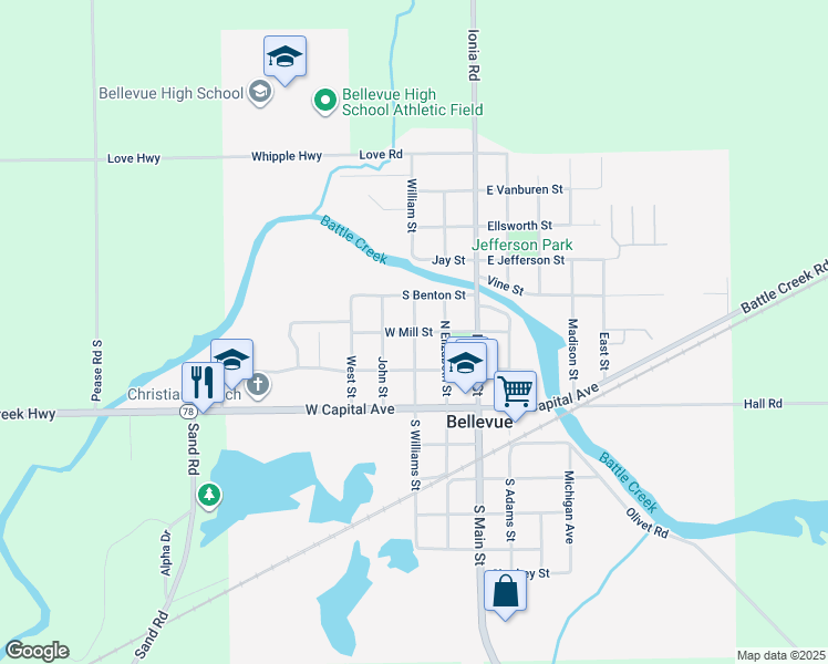 map of restaurants, bars, coffee shops, grocery stores, and more near West Mill Street in Bellevue