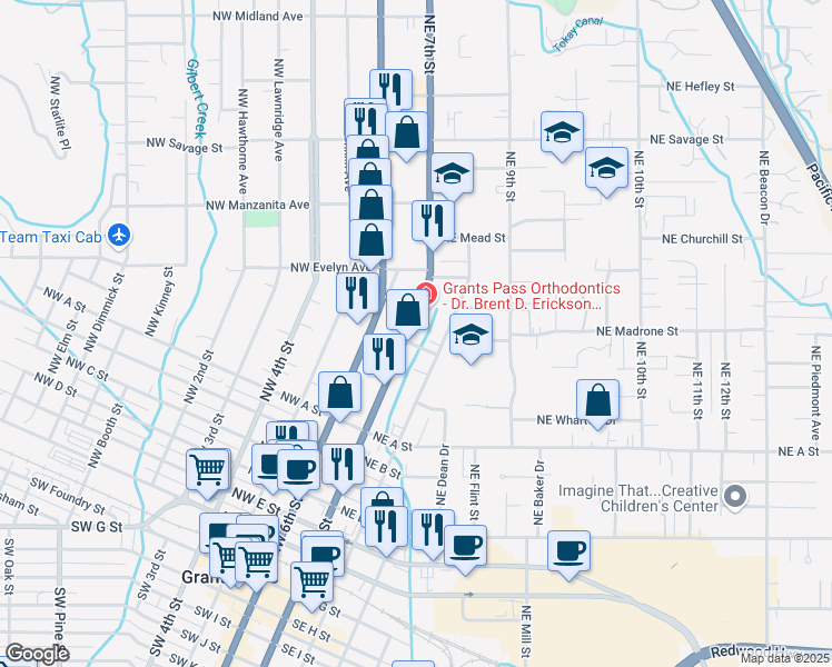 map of restaurants, bars, coffee shops, grocery stores, and more near 831 Northeast 7th Street in Grants Pass