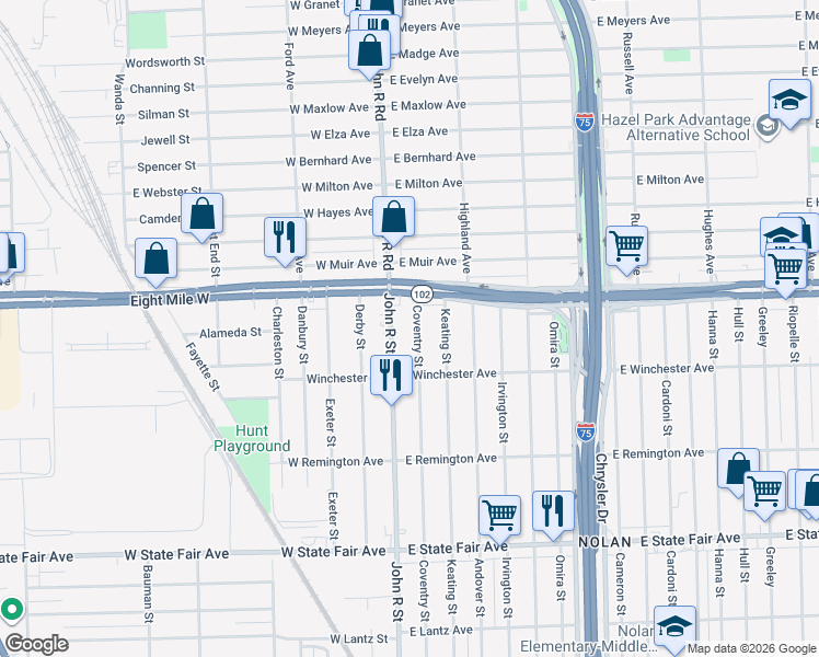 map of restaurants, bars, coffee shops, grocery stores, and more near 20458 Coventry Street in Highland Park