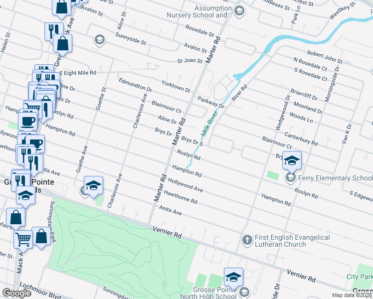 map of restaurants, bars, coffee shops, grocery stores, and more near 1205 Roslyn Road in Grosse Pointe Woods