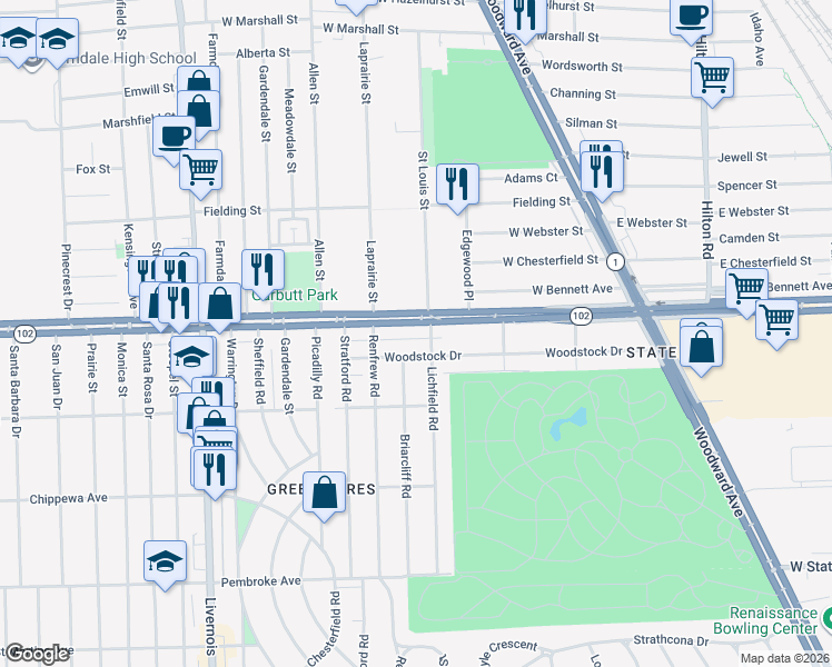 map of restaurants, bars, coffee shops, grocery stores, and more near 3214 Woodstock Drive in Detroit
