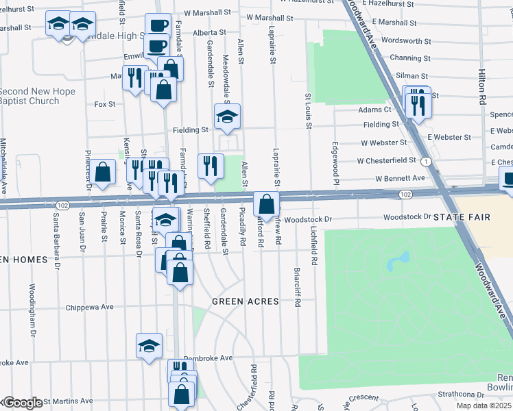 map of restaurants, bars, coffee shops, grocery stores, and more near 20514 Picadilly Road in Detroit