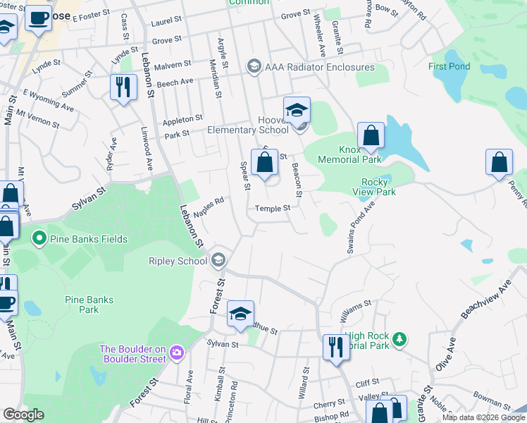 map of restaurants, bars, coffee shops, grocery stores, and more near 29 Temple Street in Melrose