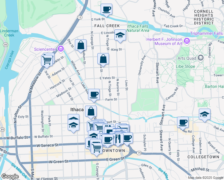 map of restaurants, bars, coffee shops, grocery stores, and more near 517 North Tioga Street in Ithaca