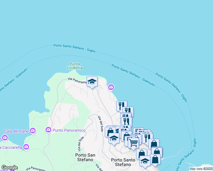 map of restaurants, bars, coffee shops, grocery stores, and more near 22 Via dei Fari in Porto Santo Stefano