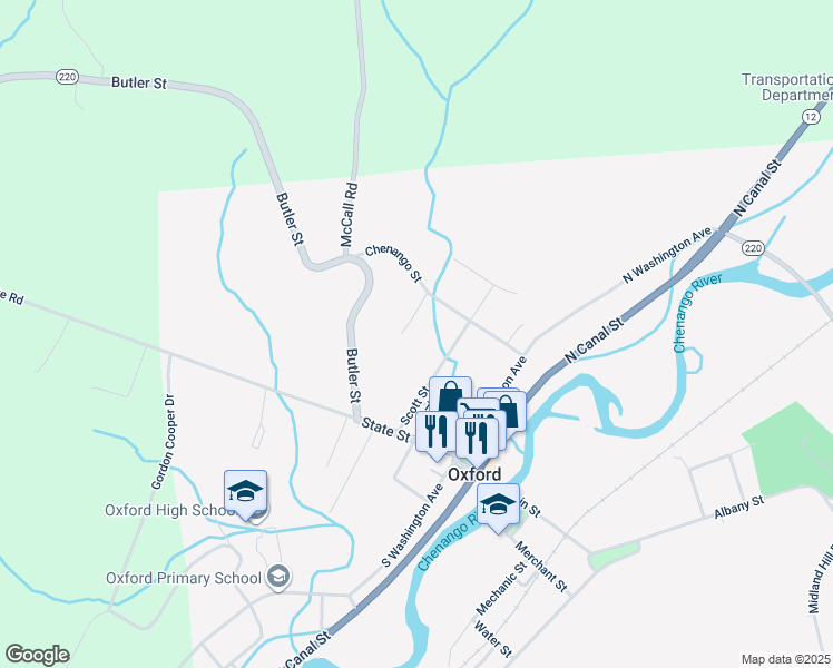 map of restaurants, bars, coffee shops, grocery stores, and more near 19 Chenango Street in Oxford