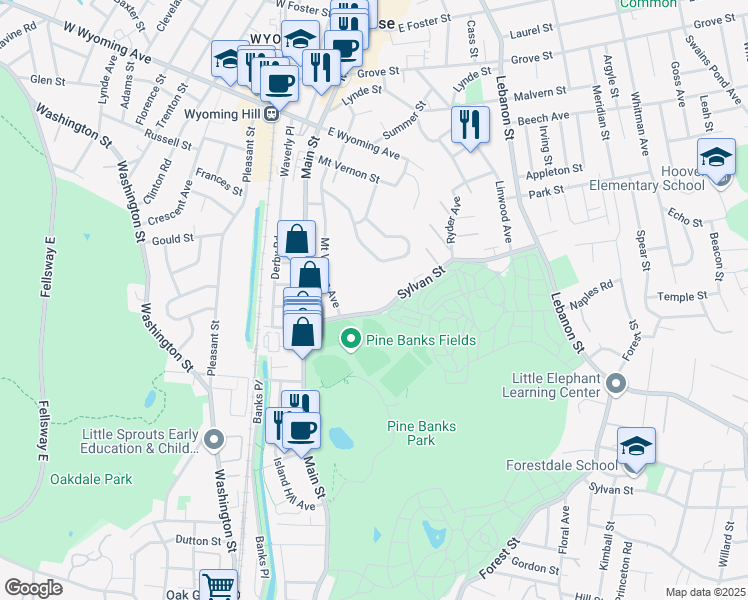 map of restaurants, bars, coffee shops, grocery stores, and more near 66 Sylvan Street in Melrose