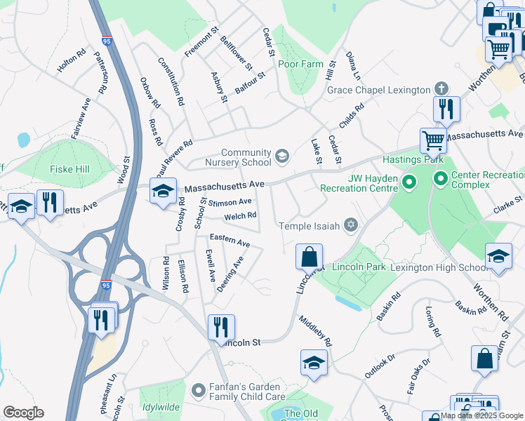 map of restaurants, bars, coffee shops, grocery stores, and more near 21 Welch Road in Lexington