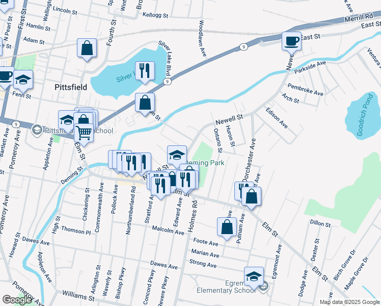 map of restaurants, bars, coffee shops, grocery stores, and more near 80 Meadow Lane in Pittsfield
