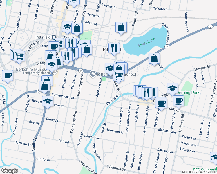 map of restaurants, bars, coffee shops, grocery stores, and more near 40 Copley Terrace in Pittsfield