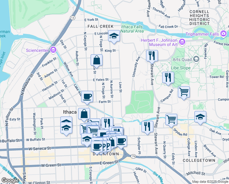 map of restaurants, bars, coffee shops, grocery stores, and more near in Ithaca