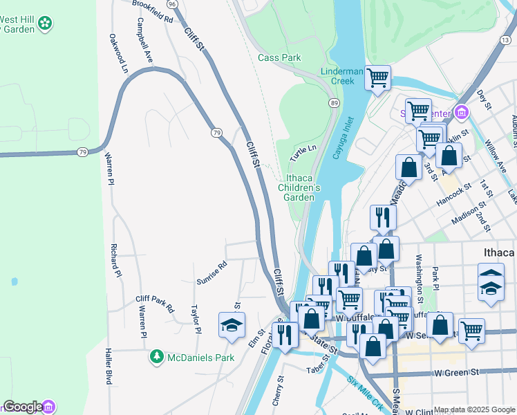 map of restaurants, bars, coffee shops, grocery stores, and more near 325 Hector Street in Ithaca