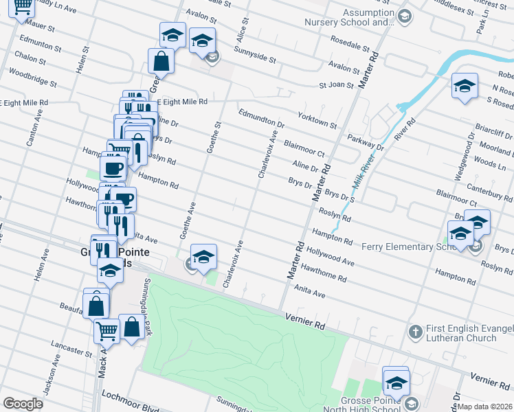 map of restaurants, bars, coffee shops, grocery stores, and more near 1427 Hampton Road in Grosse Pointe Woods