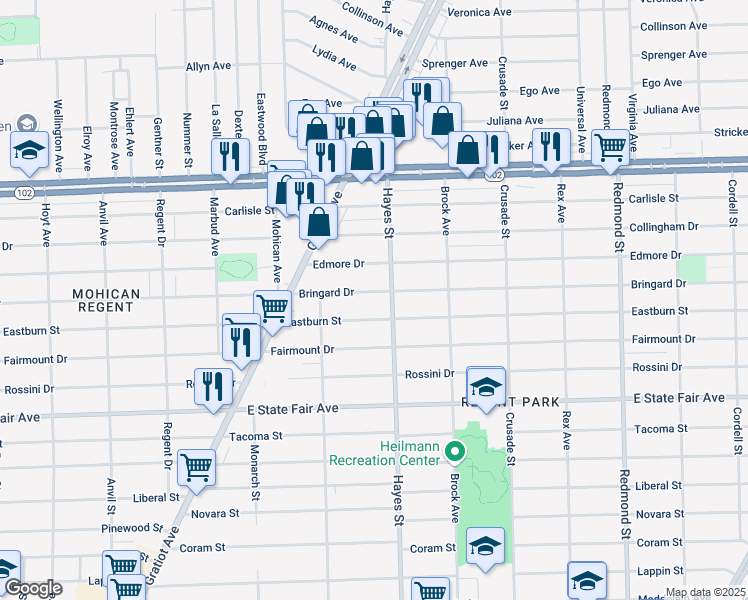 map of restaurants, bars, coffee shops, grocery stores, and more near 15025 Eastburn Street in Detroit