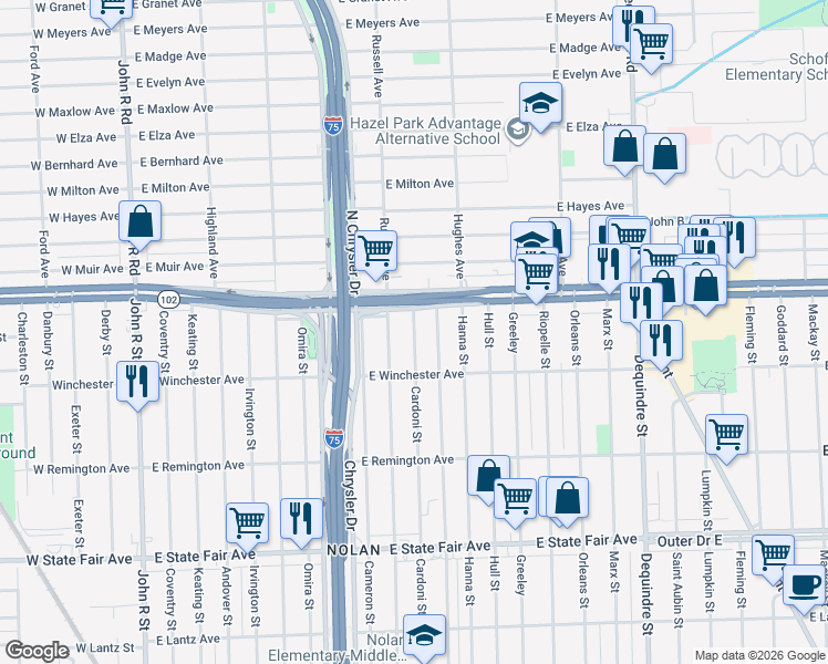map of restaurants, bars, coffee shops, grocery stores, and more near 20445 Cardoni Street in Highland Park