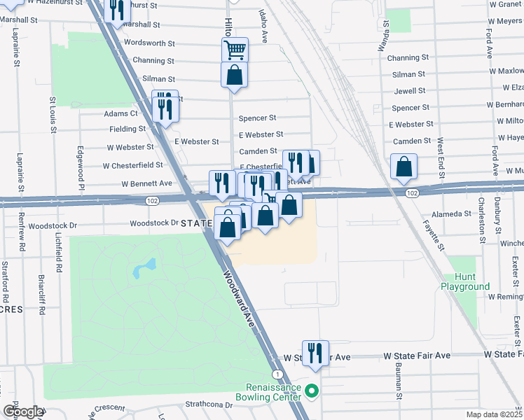 map of restaurants, bars, coffee shops, grocery stores, and more near 1343 8 Mile Road in Detroit