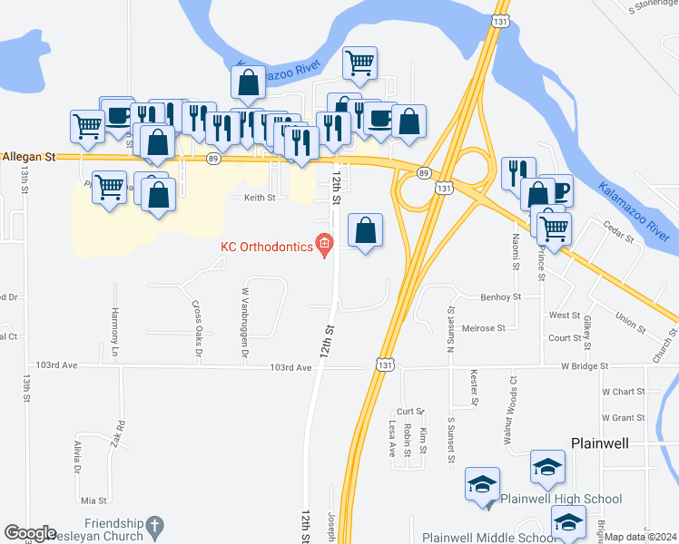 map of restaurants, bars, coffee shops, grocery stores, and more near 343 12th Street in Plainwell
