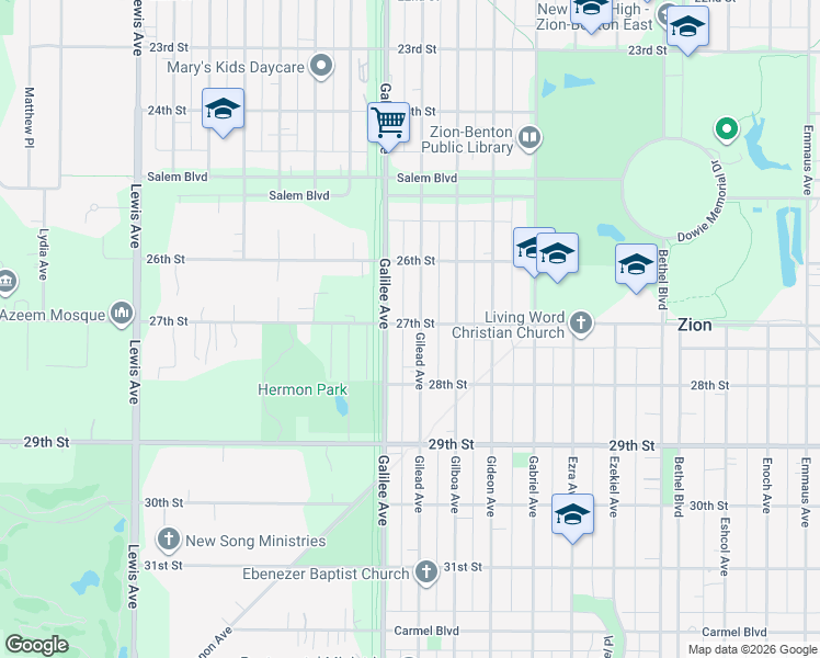 map of restaurants, bars, coffee shops, grocery stores, and more near 2700 Gilead Avenue in Zion