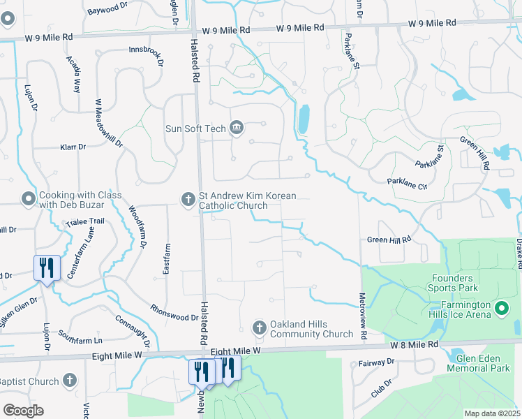 map of restaurants, bars, coffee shops, grocery stores, and more near 21205 Goldsmith Street in Farmington Hills
