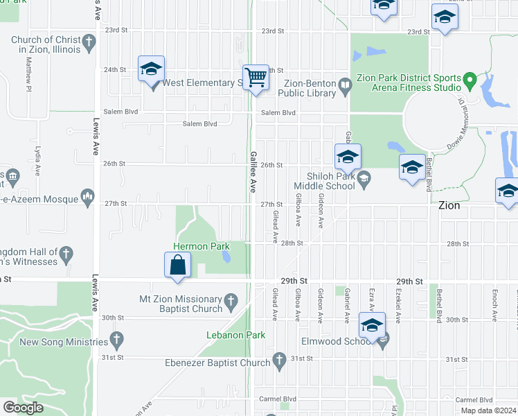 map of restaurants, bars, coffee shops, grocery stores, and more near 2703 Galilee Avenue in Zion