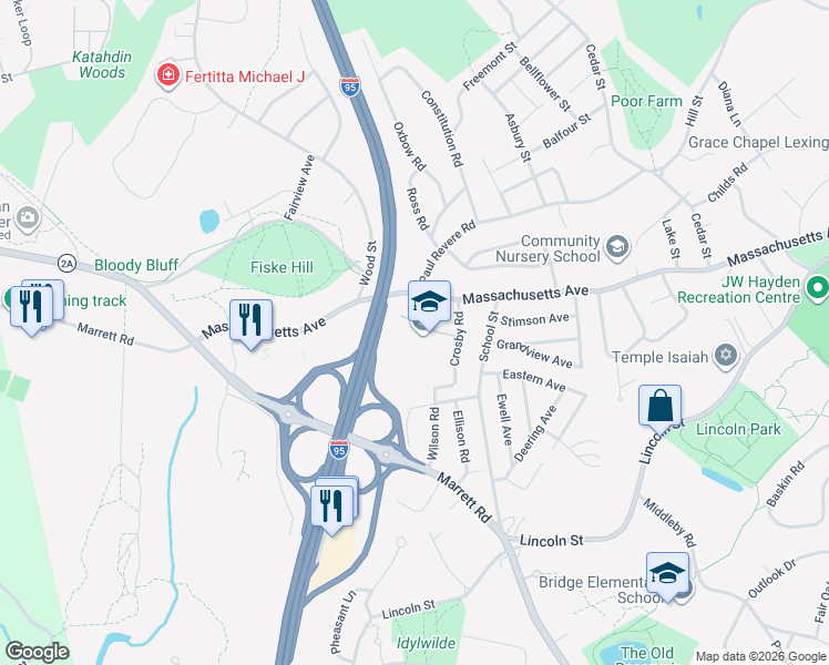 map of restaurants, bars, coffee shops, grocery stores, and more near 7 Crosby Road in Lexington