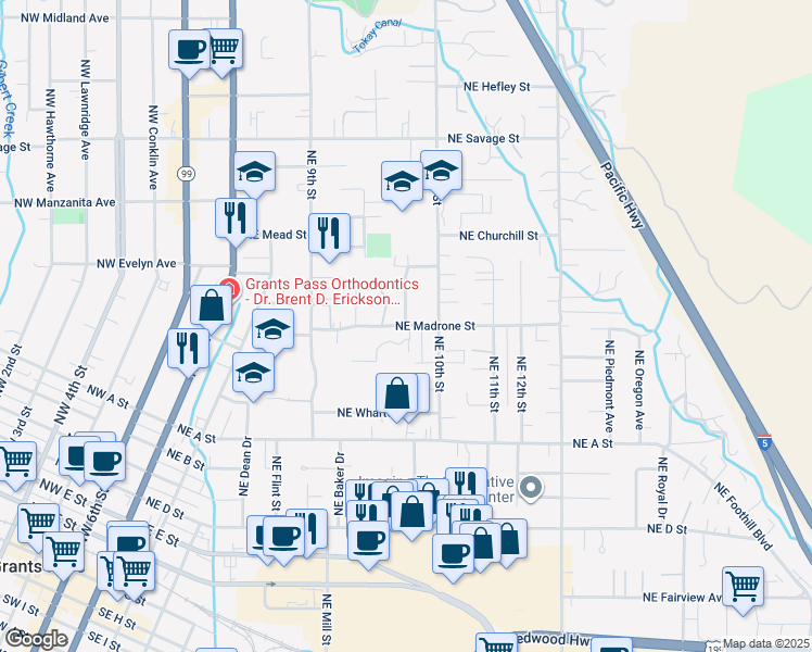 map of restaurants, bars, coffee shops, grocery stores, and more near 727 Northeast Madrone Street in Grants Pass