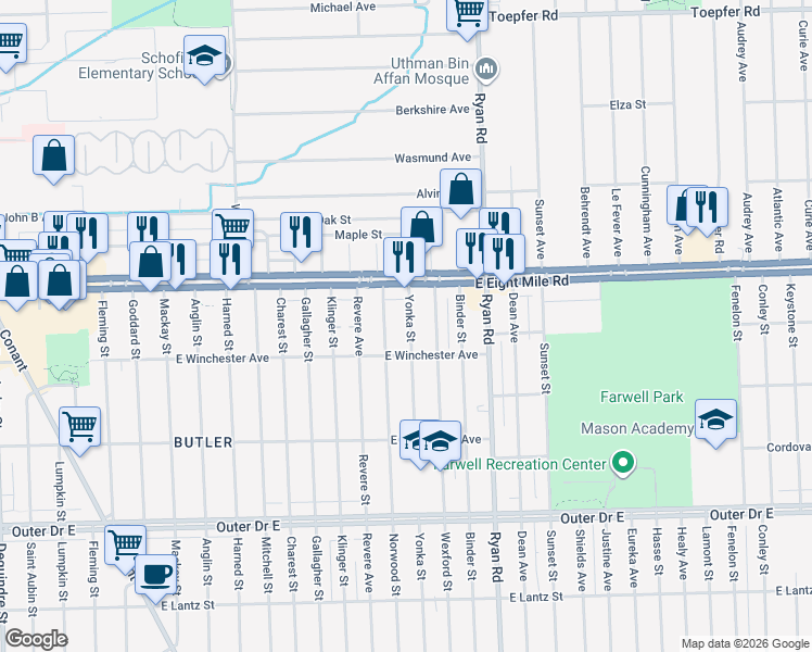 map of restaurants, bars, coffee shops, grocery stores, and more near 20419 Yonka Street in Detroit