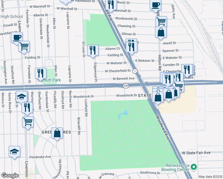 map of restaurants, bars, coffee shops, grocery stores, and more near 2620 Woodstock Drive in Detroit