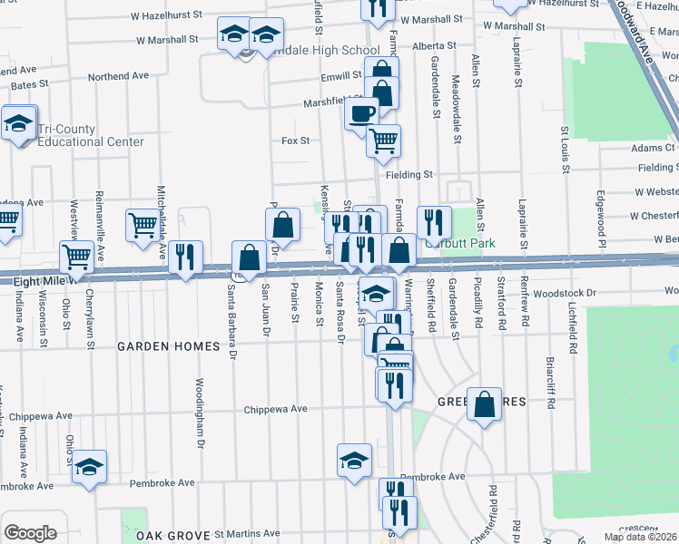 map of restaurants, bars, coffee shops, grocery stores, and more near W 8 Mile Rd & Santa Rosa Dr in Detroit