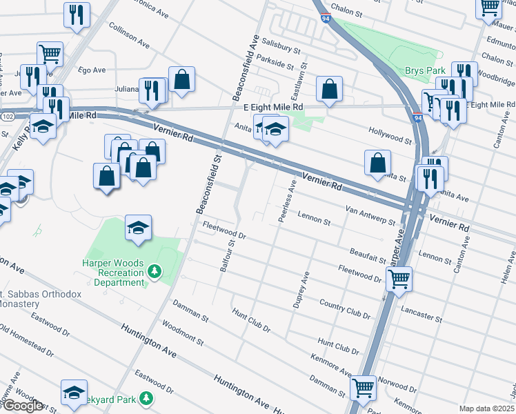 map of restaurants, bars, coffee shops, grocery stores, and more near 20537 Williamsburg Court in Harper Woods